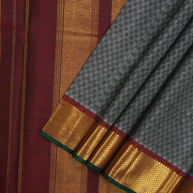 Hayagrivas Handloom Black & Grey (Carpet Checks) Kanjivaram Silk Saree with Wine Maroon Border KBD1735A2-1