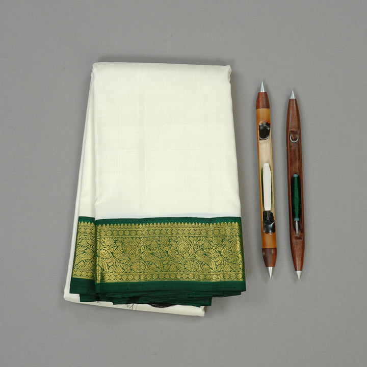 Hayagrivas White Handloom Kanjivaram Silk Saree with Bottle Green Border KBD1735A5-1