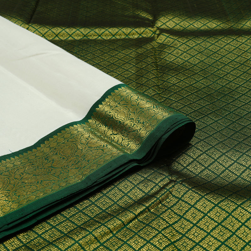 Hayagrivas White Handloom Kanjivaram Silk Saree with Bottle Green Border KBD1735A5-1