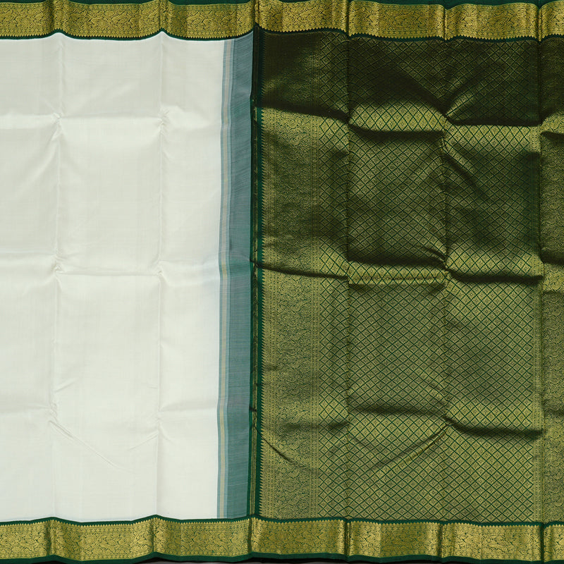 Hayagrivas White Handloom Kanjivaram Silk Saree with Bottle Green Border KBD1735A5-1