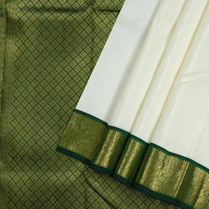 Hayagrivas White Handloom Kanjivaram Silk Saree with Bottle Green Border KBD1735A5-1