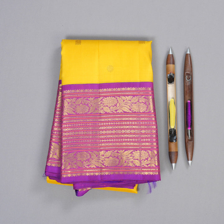 Hayagrivas Yellow Handloom Kanjivaram Silk Saree with Purple Border KBD1739A6-1