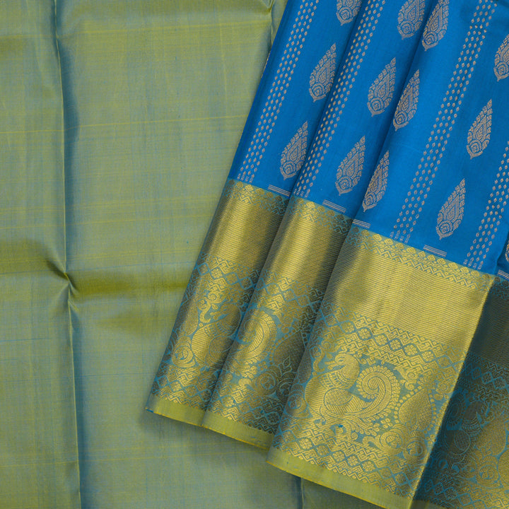 Hayagrivas Aqua blue Kanjivaram Pattu Pavadai with Sage Green border KBD1741A5-2