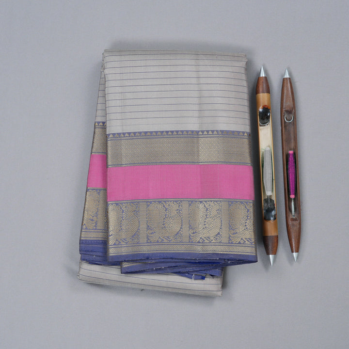 Hayagrivas Elegant Ash Grey Handloom Kanjivaram Silk Saree with Blue Border KBD1744A1-1