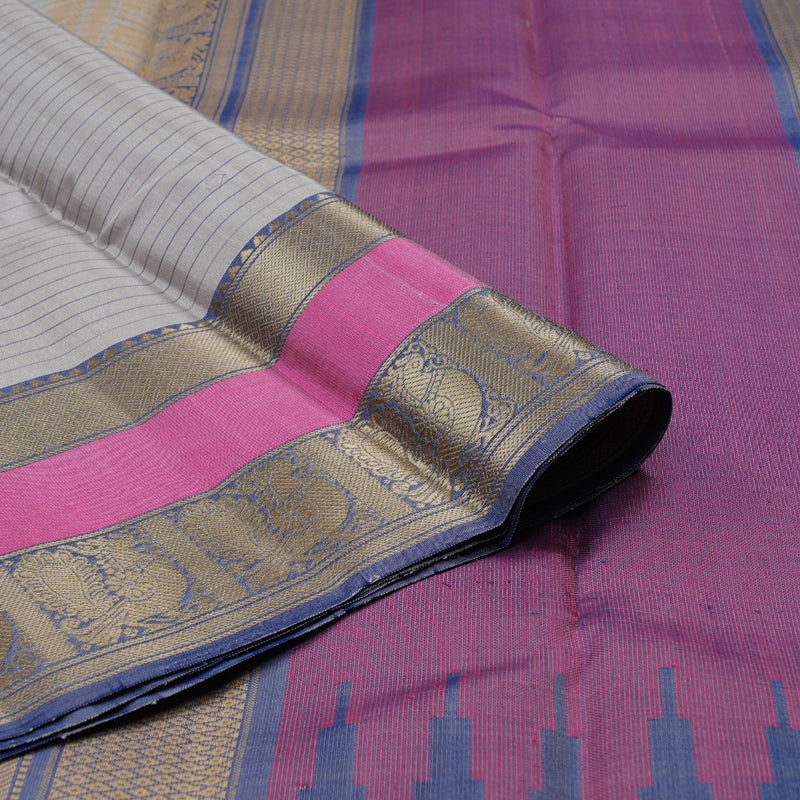 Hayagrivas Elegant Ash Grey Handloom Kanjivaram Silk Saree with Blue Border KBD1744A1-1