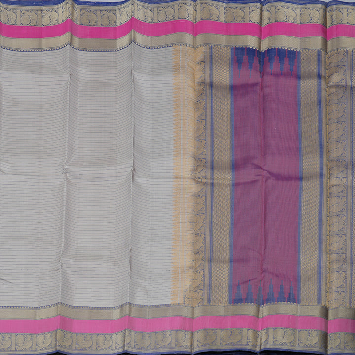 Hayagrivas Elegant Ash Grey Handloom Kanjivaram Silk Saree with Blue Border KBD1744A1-1