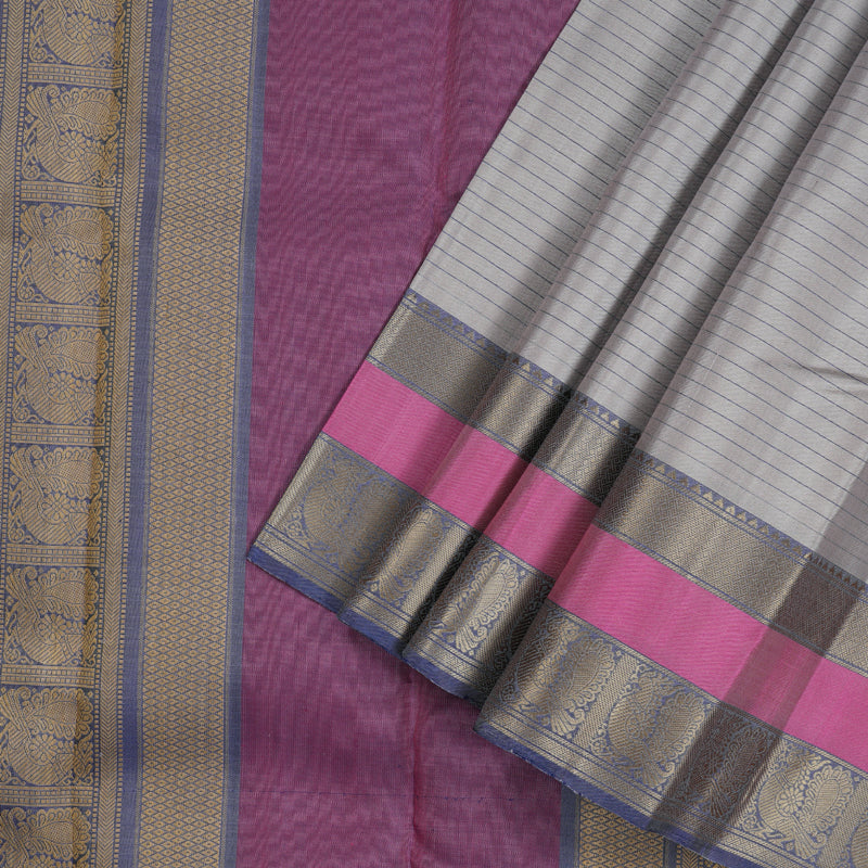 Hayagrivas Elegant Ash Grey Handloom Kanjivaram Silk Saree with Blue Border KBD1744A1-1