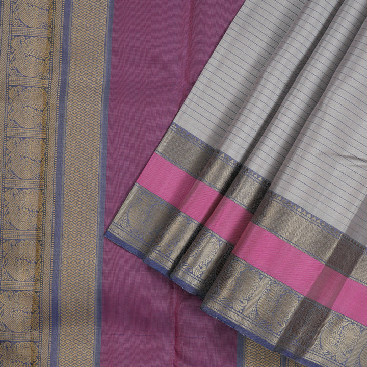 Hayagrivas Elegant Ash Grey Handloom Kanjivaram Silk Saree with Blue Border KBD1744A1-1