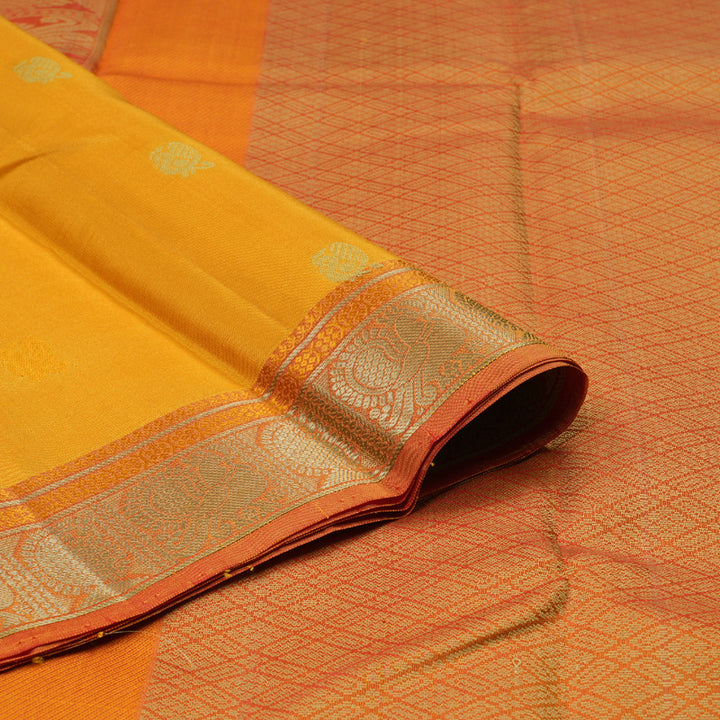 Hayagrivas Mustard Handloom Kanjivaram Silk Saree with Dual Tone (Red With Yellow) Border-KBD1744A12-4