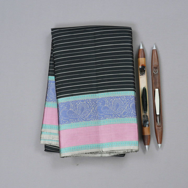 Hayagrivas Stunning Black Handloom Kanjivaram Silk Saree with Ash Grey Border KBD1744A7-2
