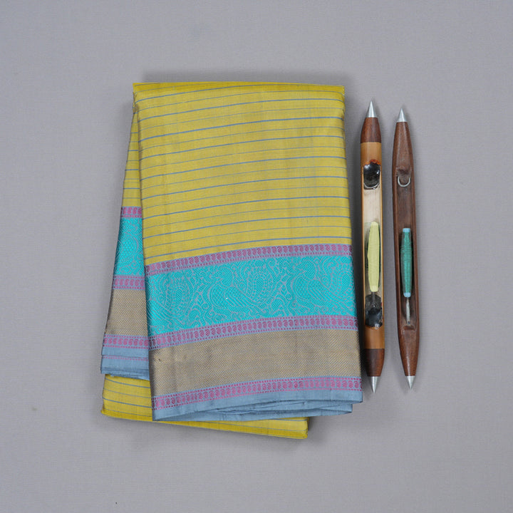 Hayagrivas Light Lemon Yellow Handloom Kanjivaram Silk Saree with Powder Blue Border with KBD1744A7-3