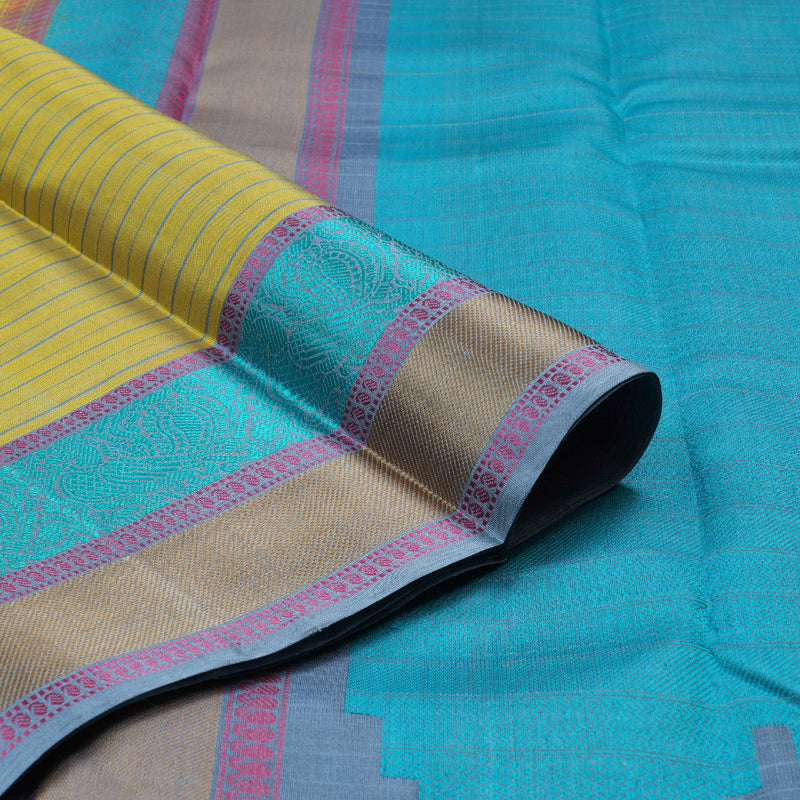 Hayagrivas Light Lemon Yellow Handloom Kanjivaram Silk Saree with Powder Blue Border with KBD1744A7-3