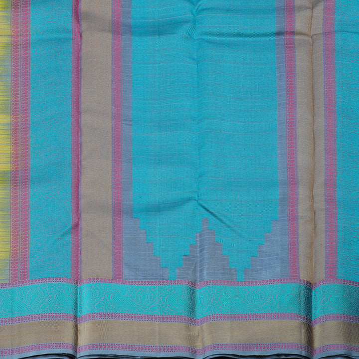 Hayagrivas Light Lemon Yellow Handloom Kanjivaram Silk Saree with Powder Blue Border with KBD1744A7-3