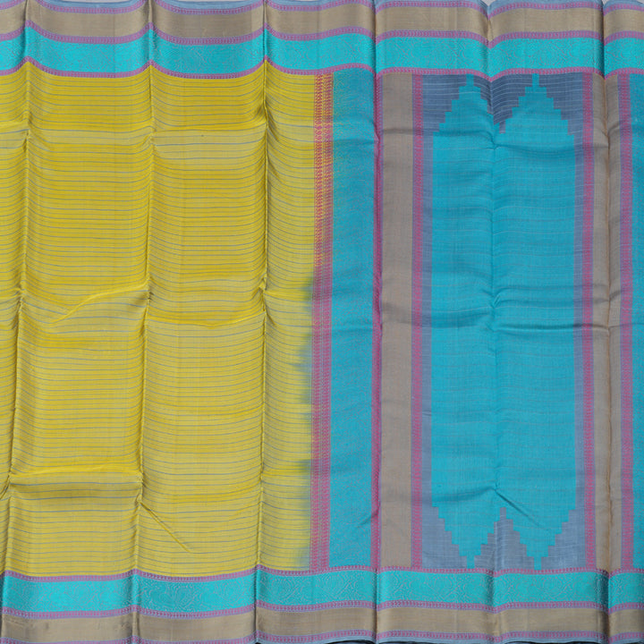 Hayagrivas Light Lemon Yellow Handloom Kanjivaram Silk Saree with Powder Blue Border with KBD1744A7-3