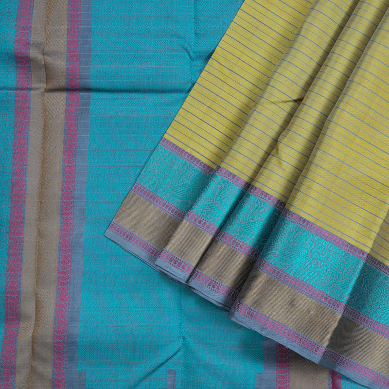 Hayagrivas Light Lemon Yellow Handloom Kanjivaram Silk Saree with Powder Blue Border with KBD1744A7-3