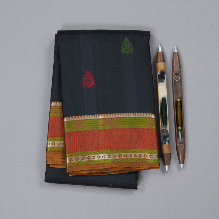 Hayagrivas Black Handloom Kanjivaram Silk Saree with Honey Mustard Border-KBD1745A1-2