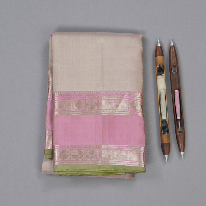 Hayagrivas Graceful Beige Handloom Kanjivaram Silk Saree with Baby Pink Border KBD1745A4-1