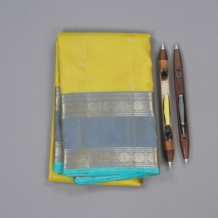 Hayagrivas Lemon Yellow Handloom Kanjivaram Silk Saree with Powder Blue Border KBD1745A4-2