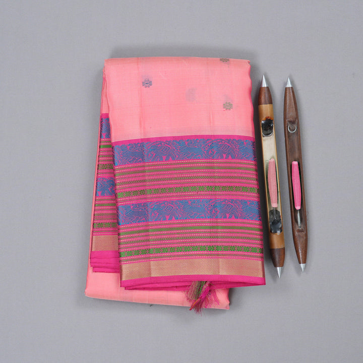 Hayagrivas Peach Pink Handloom Kanjivaram Silk Saree with Pink Border KBD1745A5-1