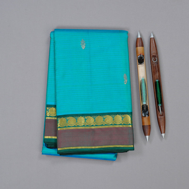 Hayagrivas Sky Blue Handloom Kanjivaram Silk Saree with Peacock Green Border KBD1751A4-5