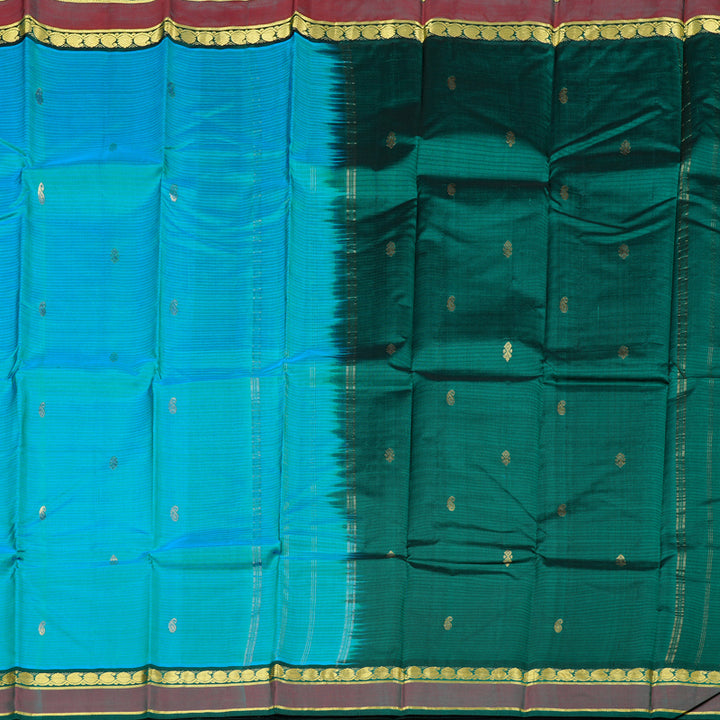 Hayagrivas Sky Blue Handloom Kanjivaram Silk Saree with Peacock Green Border KBD1751A4-5