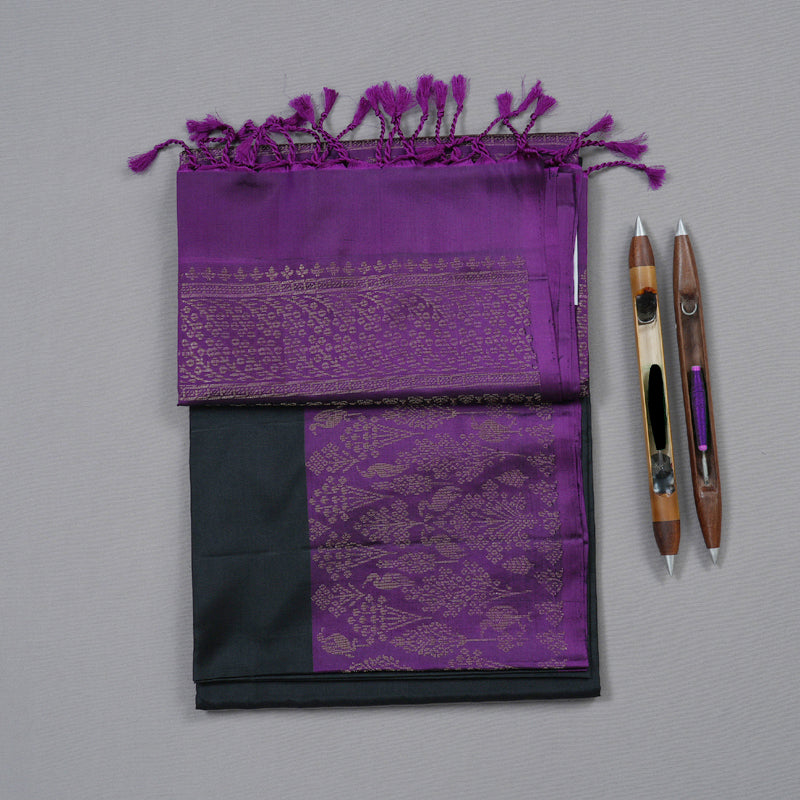 Hayagrivas Captivating Black Handloom Soft Silk Saree with Purple Border KBD1756A24-2