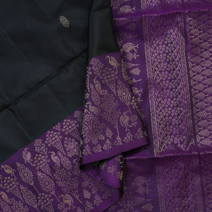 Hayagrivas Captivating Black Handloom Soft Silk Saree with Purple Border KBD1756A24-2