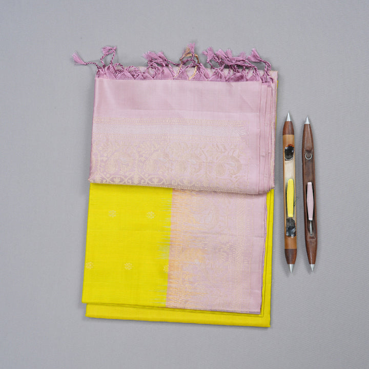 Hayagrivas Lemon Yellow Handloom Soft Silk Saree with Lavender Border KBD1757A8-2