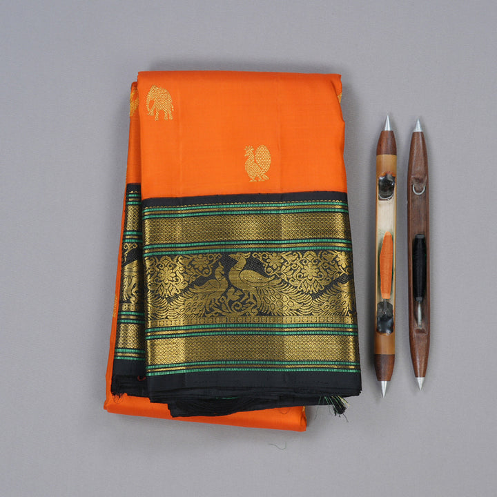Hayagrivas Bright Orange Handloom Kanjivaram Silk Saree with Black Border KBD1762A6-1