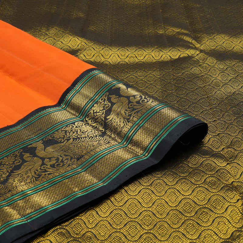 Hayagrivas Bright Orange Handloom Kanjivaram Silk Saree with Black Border KBD1762A6-1