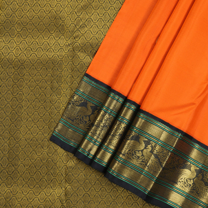 Hayagrivas Bright Orange Handloom Kanjivaram Silk Saree with Black Border KBD1762A6-1