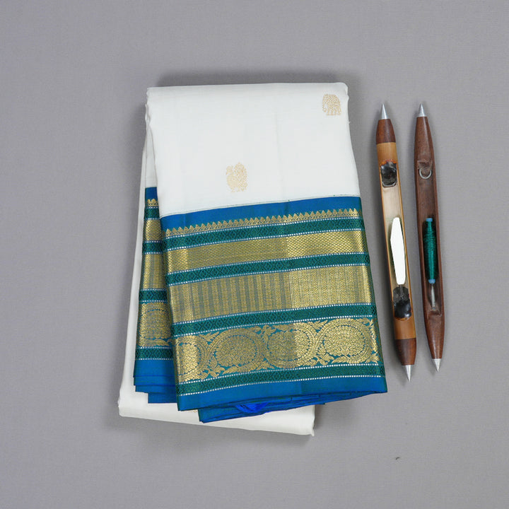 Hayagrivas White Handloom Kanjivaram Silk Saree with Peacock Blue Border KBD1762A6-2
