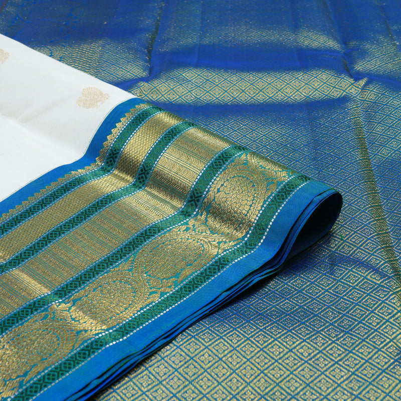 Hayagrivas White Handloom Kanjivaram Silk Saree with Peacock Blue Border KBD1762A6-2