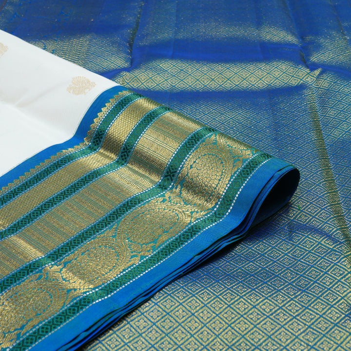 Hayagrivas White Handloom Kanjivaram Silk Saree with Peacock Blue Border KBD1762A6-2
