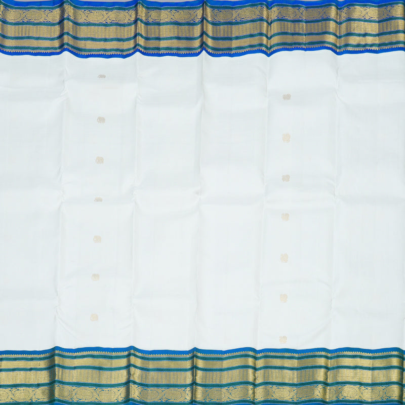 Hayagrivas White Handloom Kanjivaram Silk Saree with Peacock Blue Border KBD1762A6-2