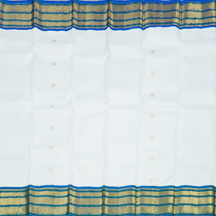 Hayagrivas White Handloom Kanjivaram Silk Saree with Peacock Blue Border KBD1762A6-2