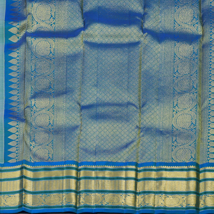 Hayagrivas White Handloom Kanjivaram Silk Saree with Peacock Blue Border KBD1762A6-2