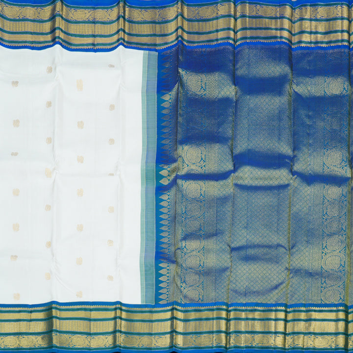 Hayagrivas White Handloom Kanjivaram Silk Saree with Peacock Blue Border KBD1762A6-2