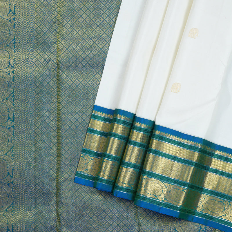 Hayagrivas White Handloom Kanjivaram Silk Saree with Peacock Blue Border KBD1762A6-2