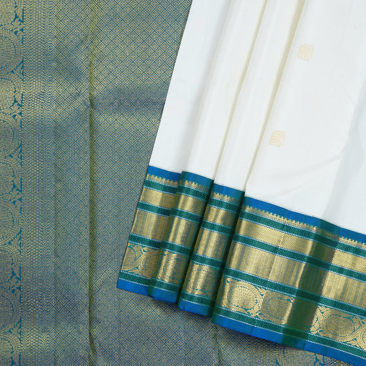Hayagrivas White Handloom Kanjivaram Silk Saree with Peacock Blue Border KBD1762A6-2