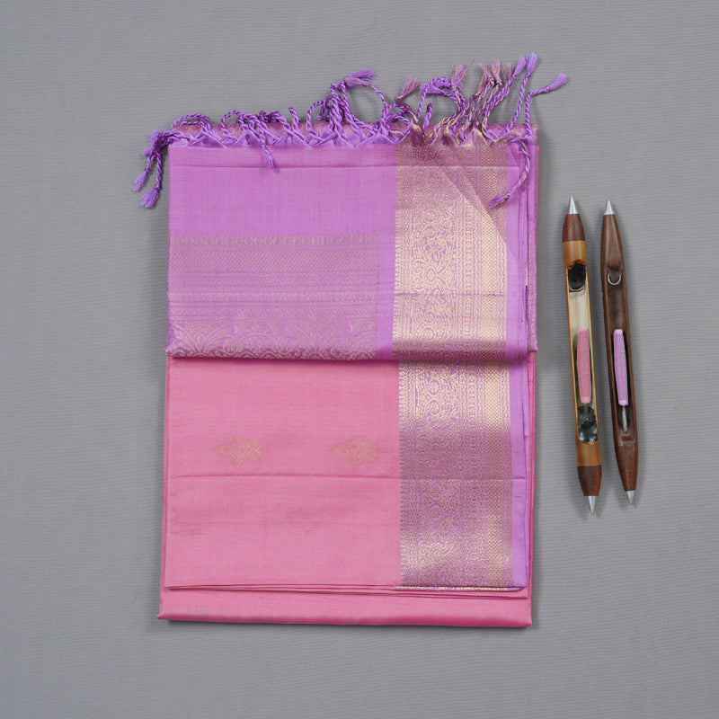 Hayagrivas Peach Pink Handloom Soft Silk Saree with Lavender Border KBD1767A10-16