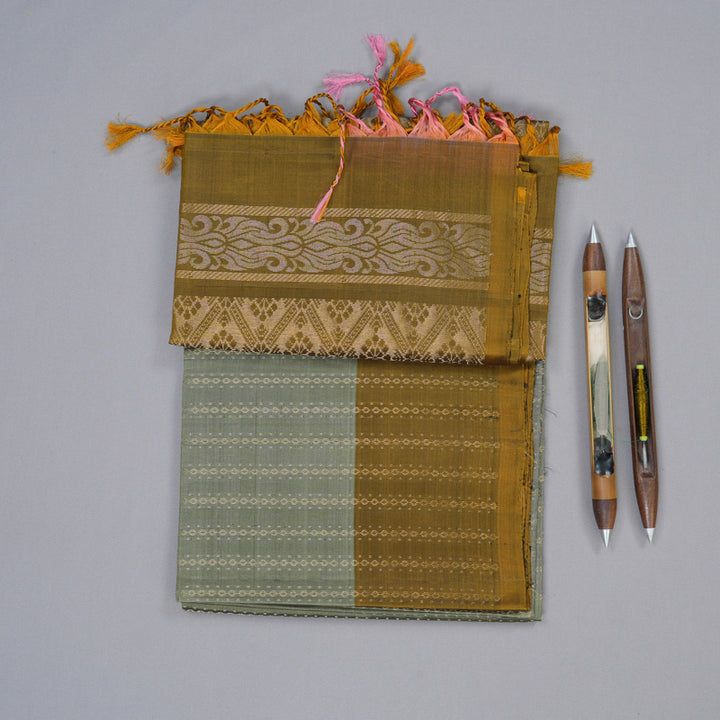 Hayagrivas Ash Grey Handloom Soft Silk Saree with Honey Mustard Border KBD1767A11-13