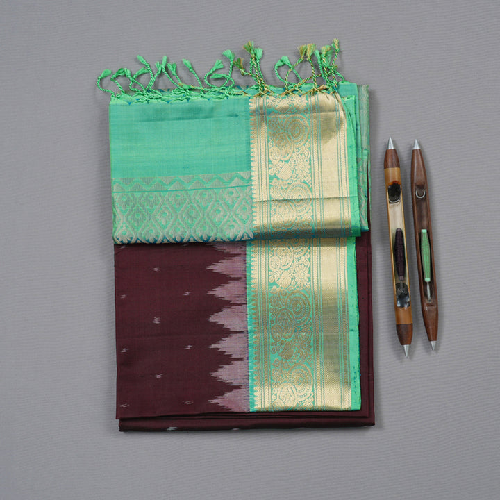 Hayagrivas Wine Maroon Ikkat Handloom Soft Silk Saree with Sea Green Border KBD1768A7-3