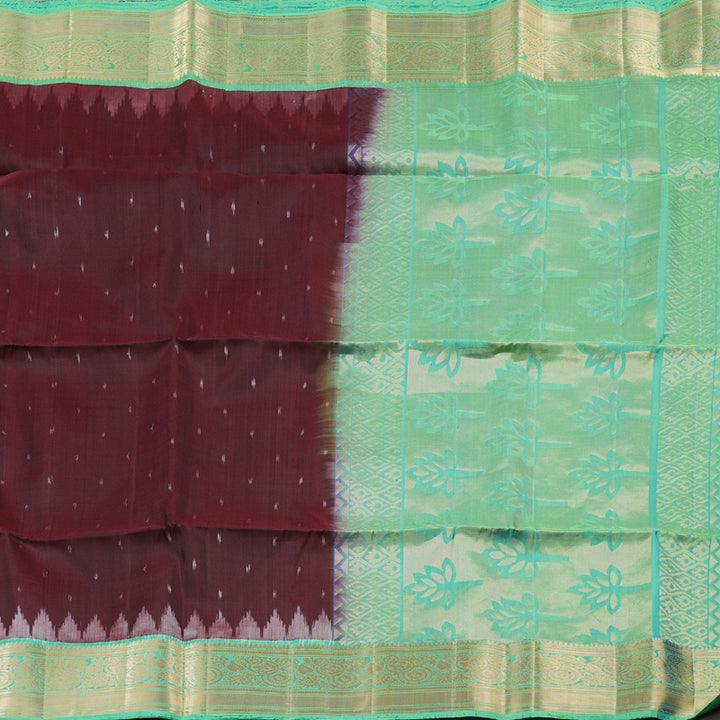 Hayagrivas Wine Maroon Ikkat Handloom Soft Silk Saree with Sea Green Border KBD1768A7-3