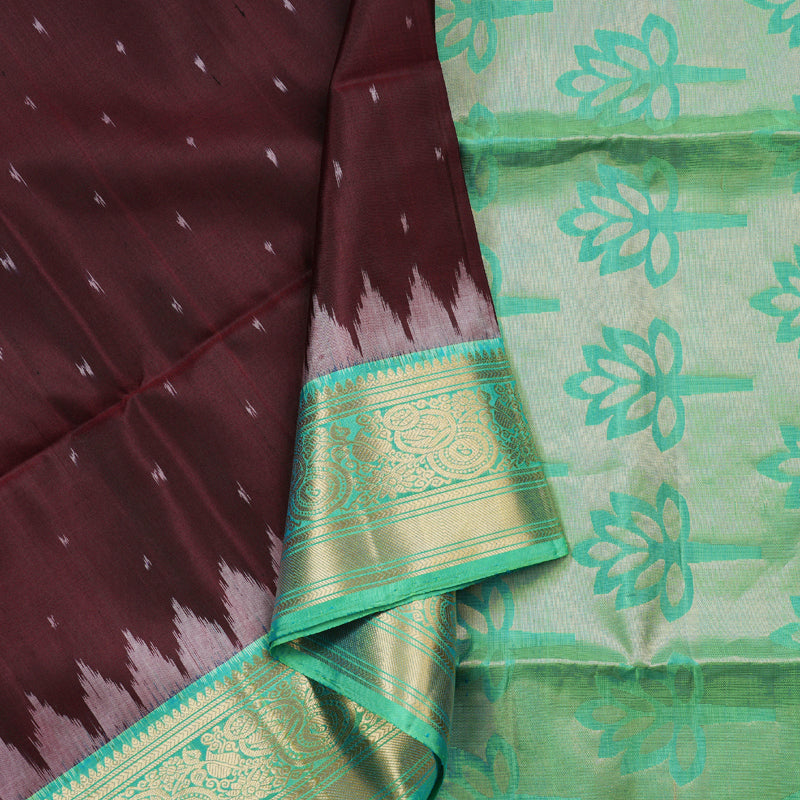 Hayagrivas Wine Maroon Ikkat Handloom Soft Silk Saree with Sea Green Border KBD1768A7-3
