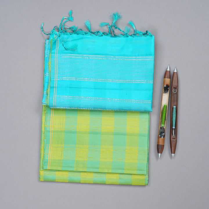 Hayagrivas Yellow With Sea Blue Checks Handloom Soft Silk Saree KBD1769A1-5