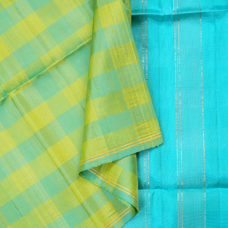 Hayagrivas Yellow With Sea Blue Checks Handloom Soft Silk Saree KBD1769A1-5