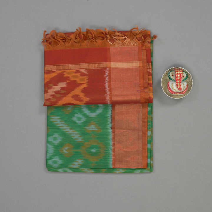 Hayagrivas Green Ikkat Silk Cotton Saree with Burnt Orange border KBD1775A1-23
