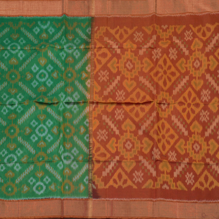 Hayagrivas Green Ikkat Silk Cotton Saree with Burnt Orange border KBD1775A1-23