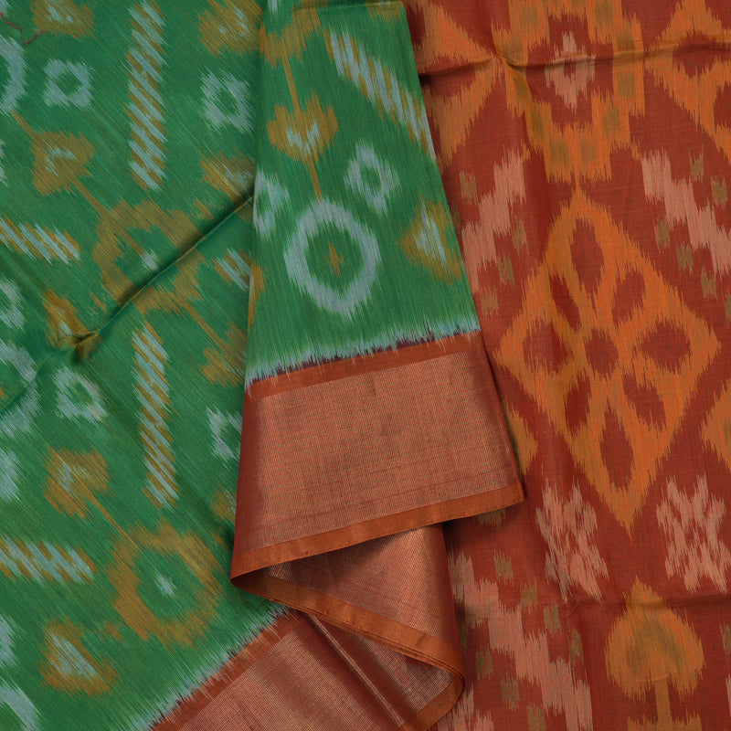 Hayagrivas Green Ikkat Silk Cotton Saree with Burnt Orange border KBD1775A1-23